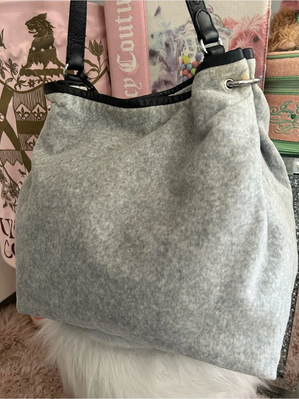 Y2K Vintage 2010 Juicy Couture Gray Velour Large Hobo Bag Darling Of Couture